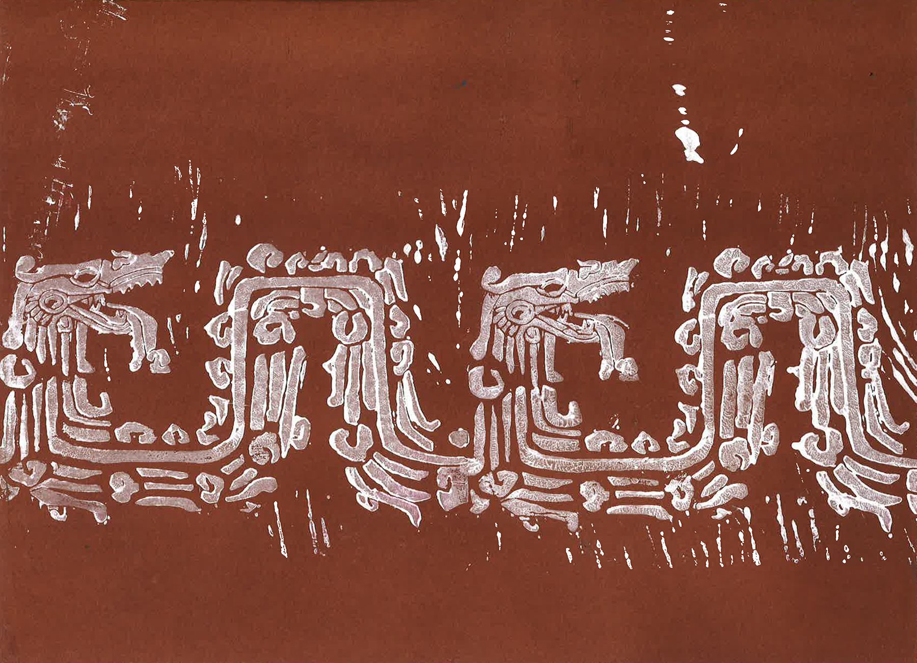 Linogravure d'un serpent inca